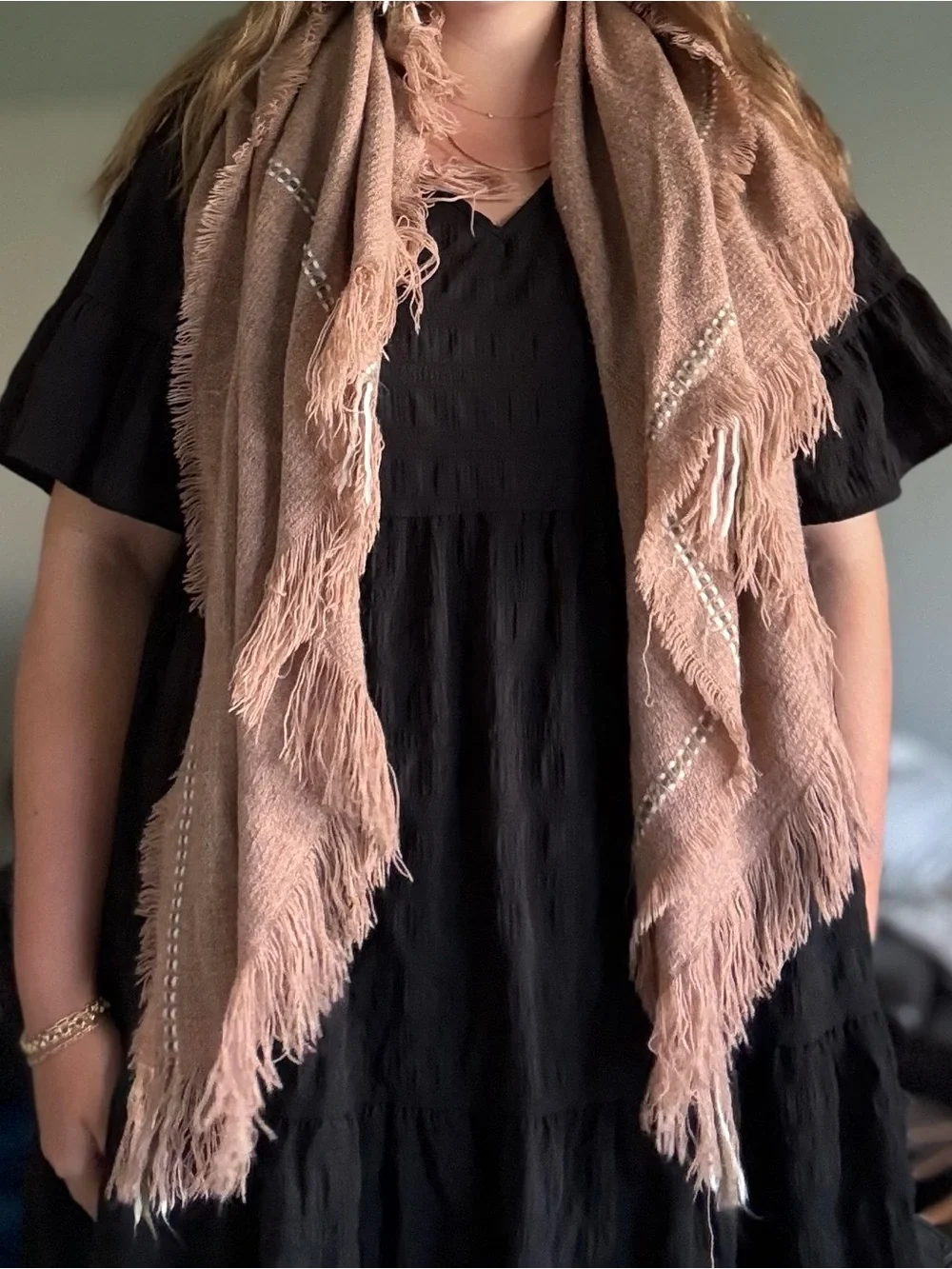 Universal Thread Pink Fringe Scarf with Ivory Stitching